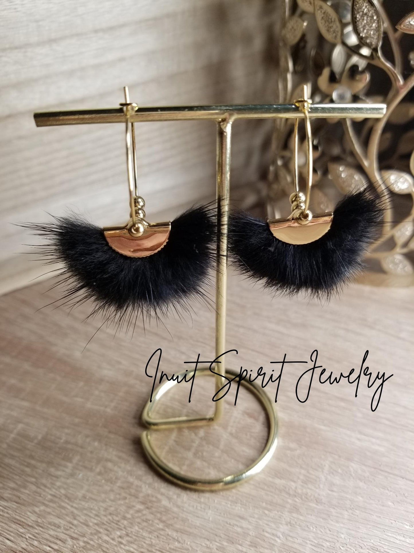 Inuit Spirit Brass/ Stainless Steel Mink Fur Fan-Shaped Geometric Ulu Concept Earrings on Round Hoops with Gold Beads ©, Native Fur Earrings
