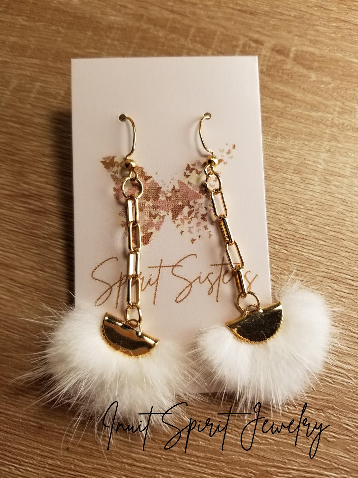 Inuit Spirit Brass/ Stainless Steel Mink Fur Fan-Shaped Geometric Ulu Concept Earrings on Hooks and Paper Clip Chains ©, Native Fur Earrings