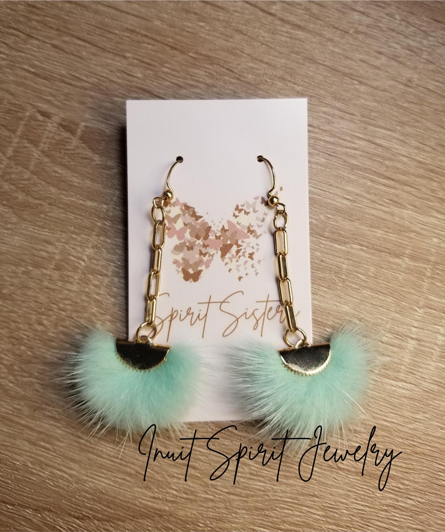 Inuit Spirit Brass/ Stainless Steel Mink Fur Fan-Shaped Geometric Ulu Concept Earrings on Hooks and Paper Clip Chains ©, Native Fur Earrings