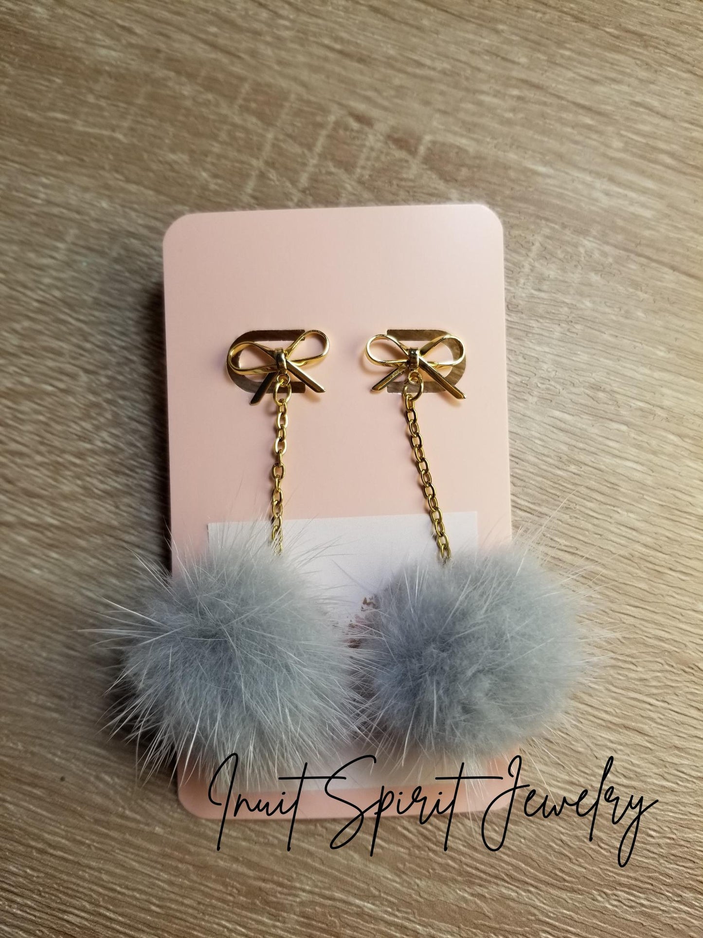 Inuit Spirit Brass/ Stainless Steel Genuine Mink Pom Pom Stud Minimalist Earrings ©, Indigenous Hypo-Allergenic Native Fur Earrings