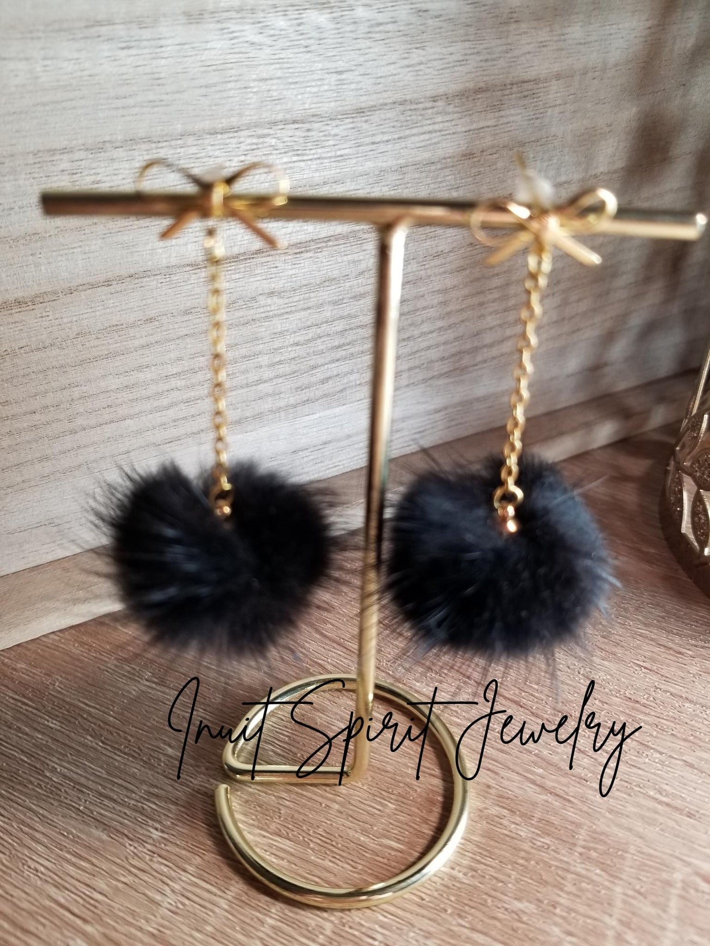 Inuit Spirit Brass/ Stainless Steel Genuine Mink Pom Pom Stud Minimalist Earrings ©, Indigenous Hypo-Allergenic Native Fur Earrings