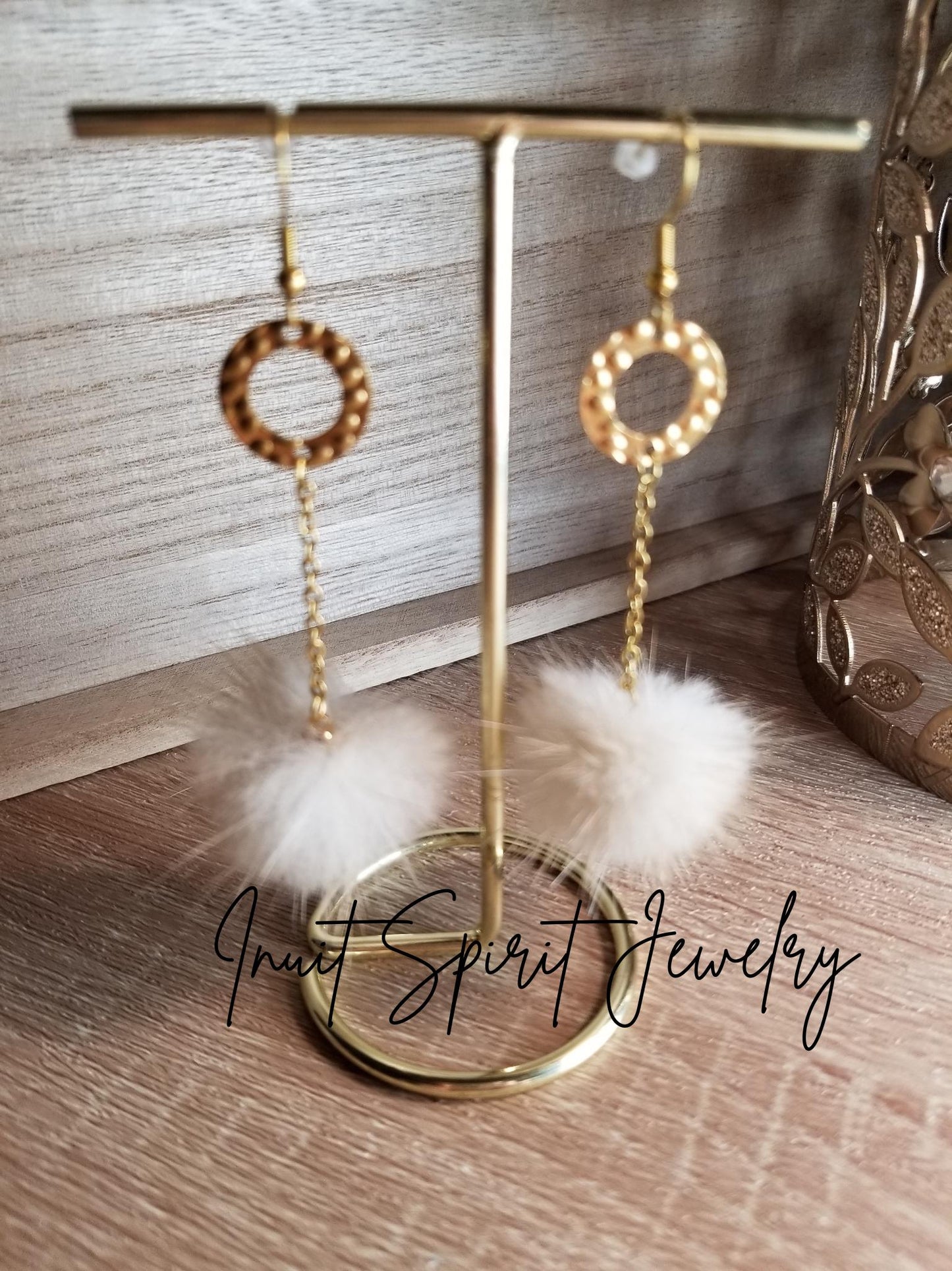 Inuit Spirit Brass/ Stainless Steel Genuine Mink Fur Geometric Minimalist Drop Earrings ©, Indigenous Hypo-Allergenic Native Fur Earrings