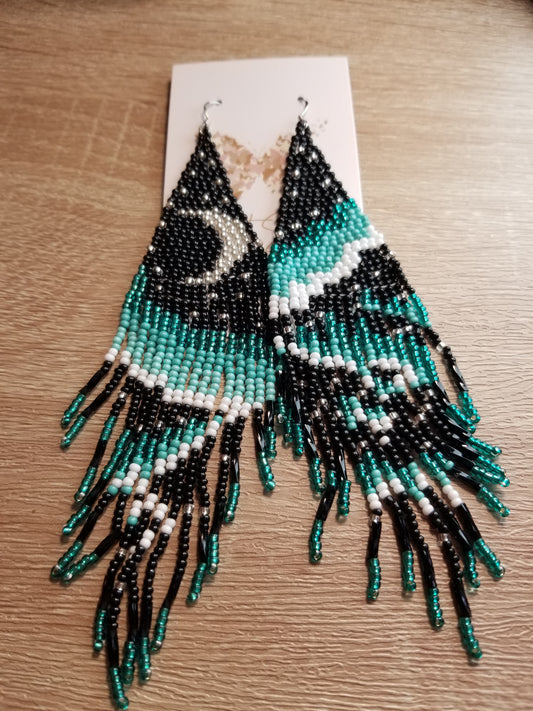 Indigenous-Native Style Beaded Fringe Earrings with Gold Filled Hooks, Boho Style Beaded Fringed Earrings with Gold Filled Hooks